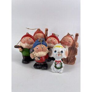 Set 6 Vintage Hong Kong Christmas GNOMES Elves Mouse Ornaments Blow Mold kitsch
